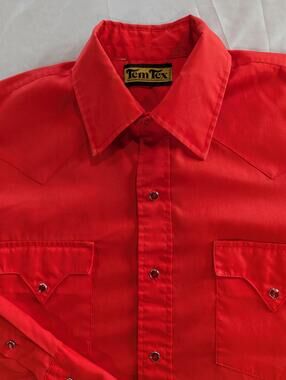 Tem Tex Shirt Mens L Red Solid Long Sleeve Western Pearl Snap Pockets Cowboy